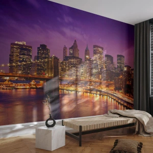 Fototapete Premium Canvas - Violett-goldenes Manhathann - Stadt, New York, Die Architektur - 300x210 cm