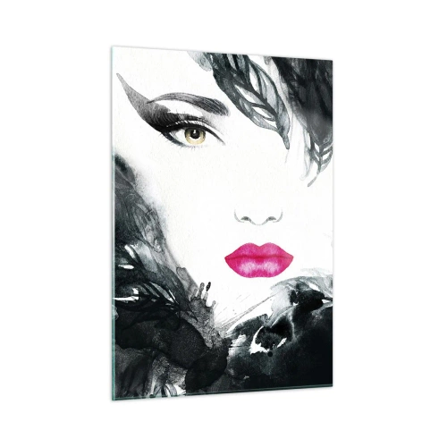 Glasbild - Bild auf glas - Porträt einer Frau mit rosa Lippen und schwarzen Akzenten - 50x70cm - Beachtung! Femme fatale - Moderne Wanddekoration für Wohnzimmer und Schlafzimmer ARTTOR