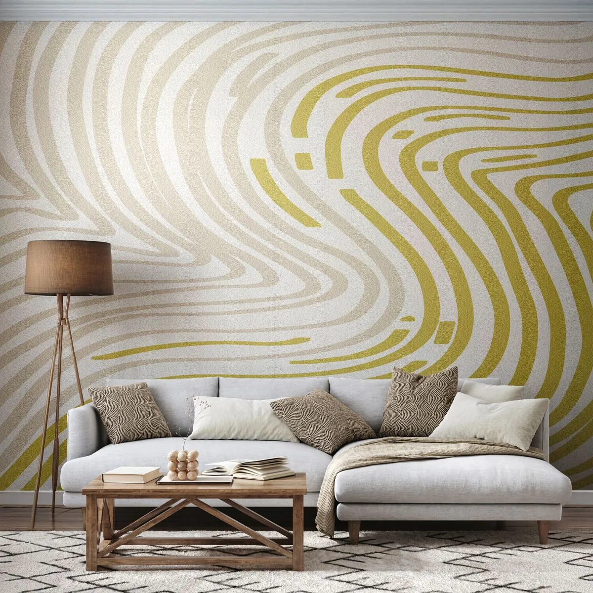 Fototapete Premium Sand - Gelbe und beige Wellenlinien auf weißem Hintergrund im abstrakten Stil. - 100x70cm - Komposition mit sanfter Biegung - Moderne Wanddekoration für Wohnzimmer und Schlafzimmer ARTTOR