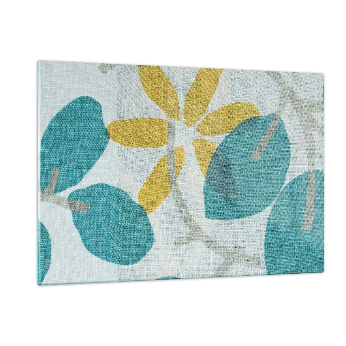 Glasbild - Bild auf glas - Eine Pflanzengrafik mit azurblauen Blättern und gelben Blüten - 120x80cm - Unter den azurblauen Blättern - Moderne Wanddekoration für Wohnzimmer und Schlafzimmer ARTTOR