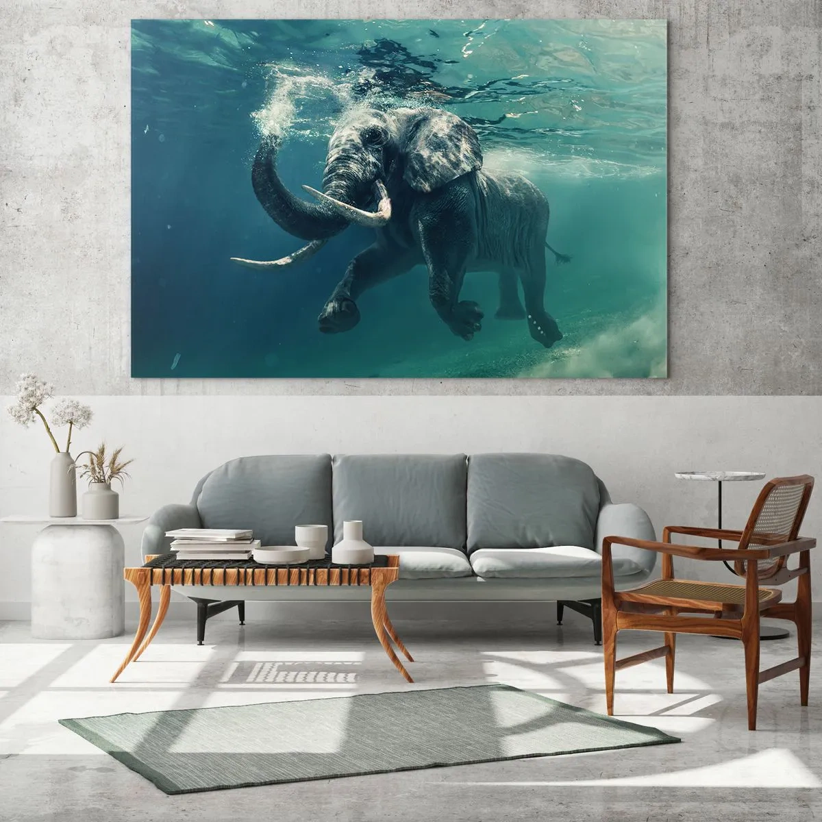 Glasbild - Bild auf glas - Ein Elefant, der unter Wasser im blauen Ozean schwimmt - 70x50cm - Jeder schwimmt gerne - Moderne Wanddekoration für Wohnzimmer und Schlafzimmer ARTTOR
