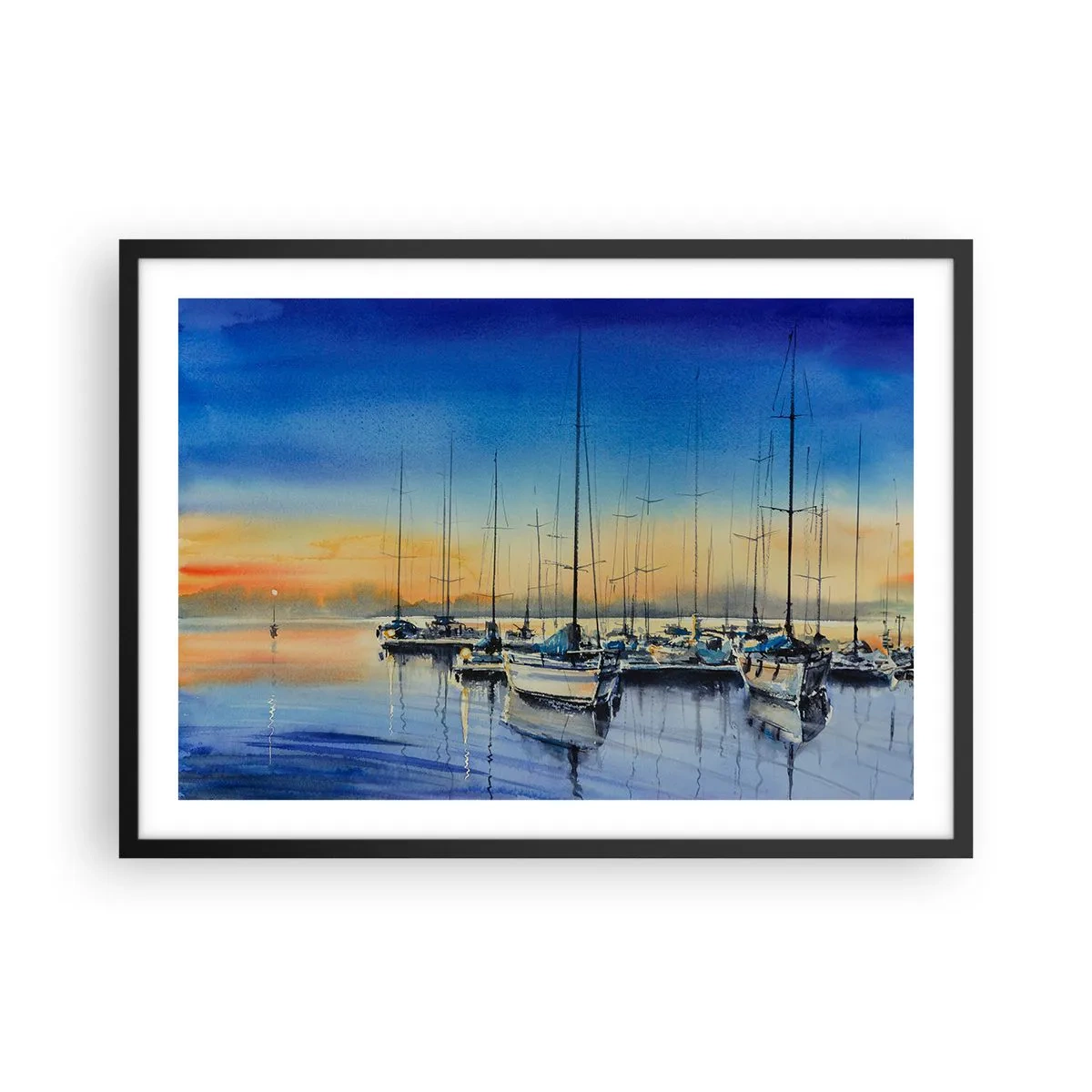 Poster in einem schwarzem Rahmen - Yachthafen bei Sonnenuntergang mit Spiegelungen auf dem Wasser - 70x50cm - Ende eines guten Tages - Moderne Wanddekoration für Wohnzimmer und Schlafzimmer ARTTOR