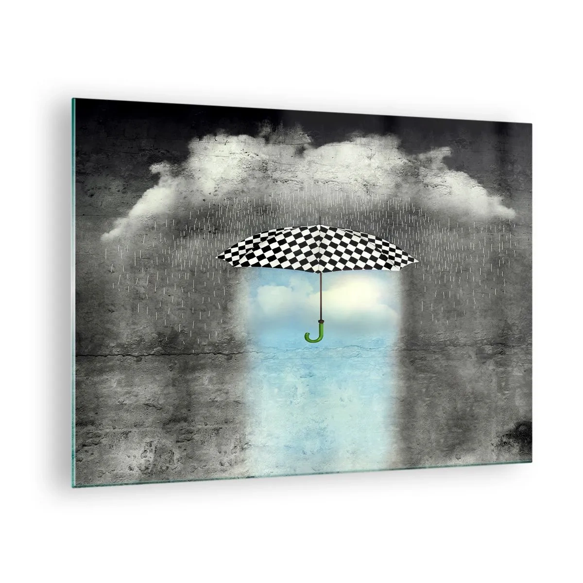 Glasbild - Bild auf glas - Ein schwarz-weiß karierter Regenschirm vor einem Hintergrund aus Regen und Wolken - 70x50cm - Aber möglich - Moderne Wanddekoration für Wohnzimmer und Schlafzimmer ARTTOR