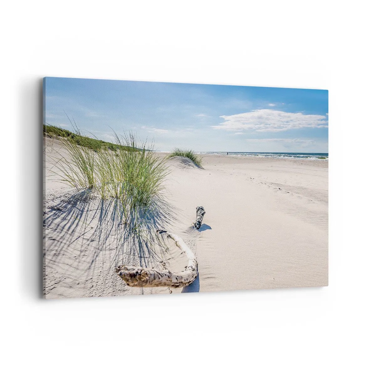 Bild auf Leinwand - Leinwandbild - Ein Ostseestrand mit Sand, Gras und einem ruhigen blauen Himmel - 100x70cm - Der schönste Strand? Ostsee-Strand - Moderne Wanddekoration für Wohnzimmer und Schlafzimmer ARTTOR