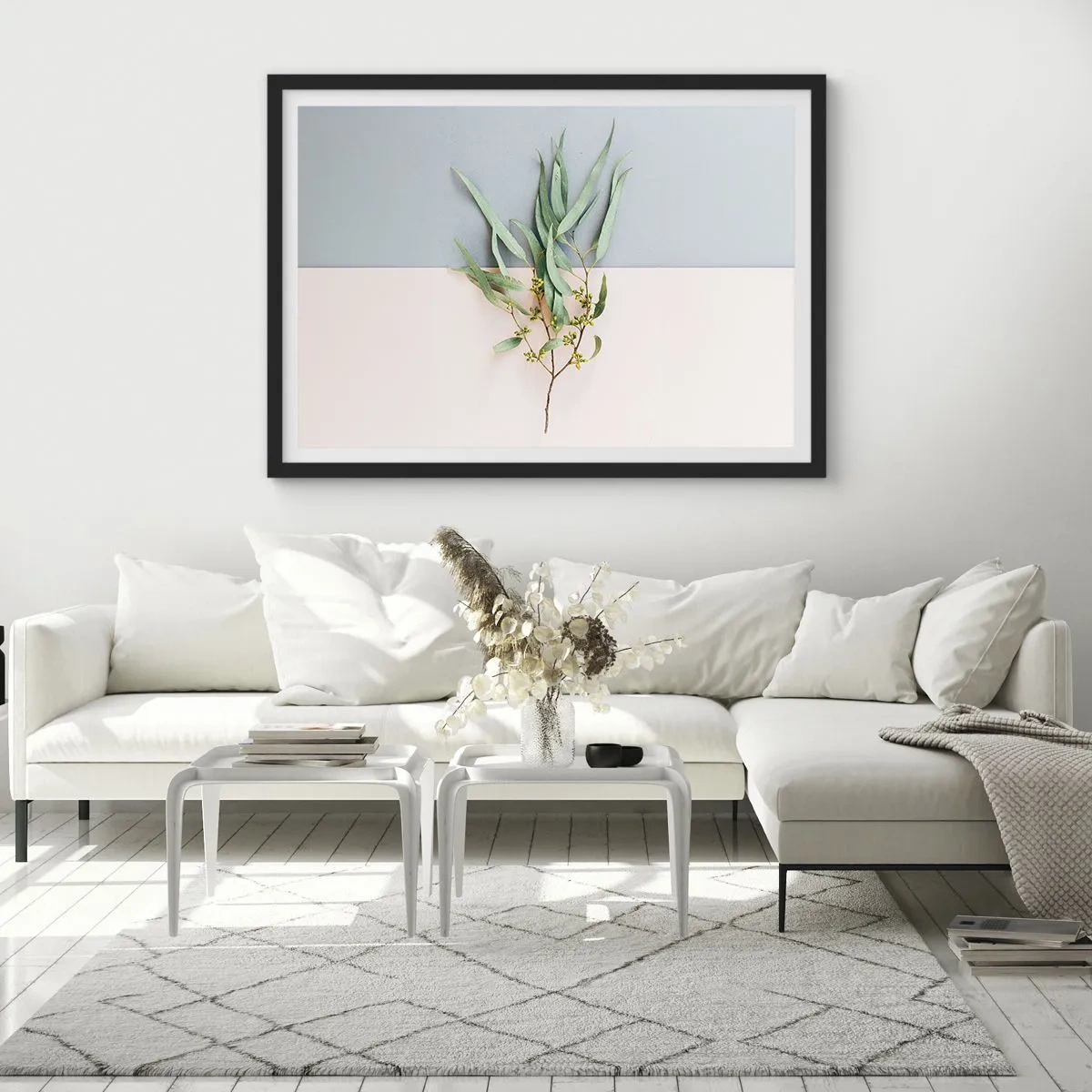 Poster in einem schwarzem Rahmen - Ein Zweig mit Blättern auf einem Hintergrund in Pastelltönen - 100x70cm - Pastellige Subtilität - Moderne Wanddekoration für Wohnzimmer und Schlafzimmer ARTTOR