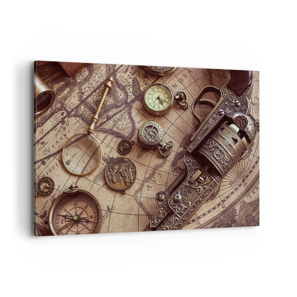 Bild auf Leinwand - Leinwandbild - Antike Gegenstände auf einer alten Karte im Retro-Stil - 120x80cm - Das Abenteuer ruft - Moderne Wanddekoration für Wohnzimmer und Schlafzimmer ARTTOR