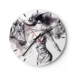 Wanduhr - Glasuhr - Eine Frau in einer künstlerischen Form tanzt mit zwei versammelten Menschen - 30x30cm - Tanzen mit den Zebras - Moderne Wanddekoration für Wohnzimmer, Küche und Schlafzimmer ARTTOR