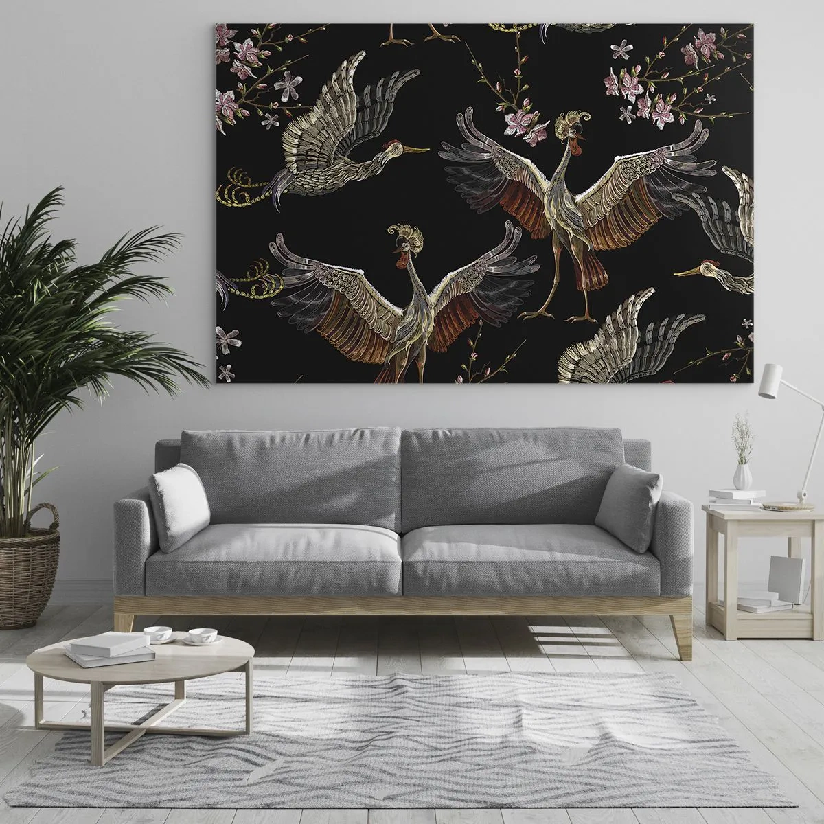 Glasbild - Bild auf glas - Vögel im Flug mit Blumen auf schwarzem Hintergrund, Retro-Stil - 70x50cm - Märchenvogel - Moderne Wanddekoration für Wohnzimmer und Schlafzimmer ARTTOR
