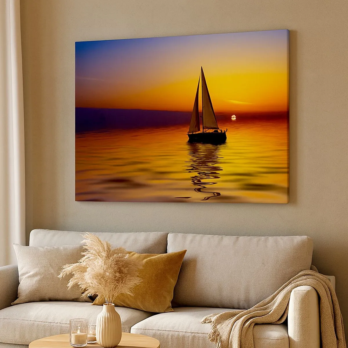 Bild auf Leinwand - Leinwandbild - Ein Segelboot auf ruhiger See bei Sonnenuntergang - 70x50cm - Wie ruhig es hier in der Abenddämmerung ist... - Moderne Wanddekoration für Wohnzimmer und Schlafzimmer ARTTOR