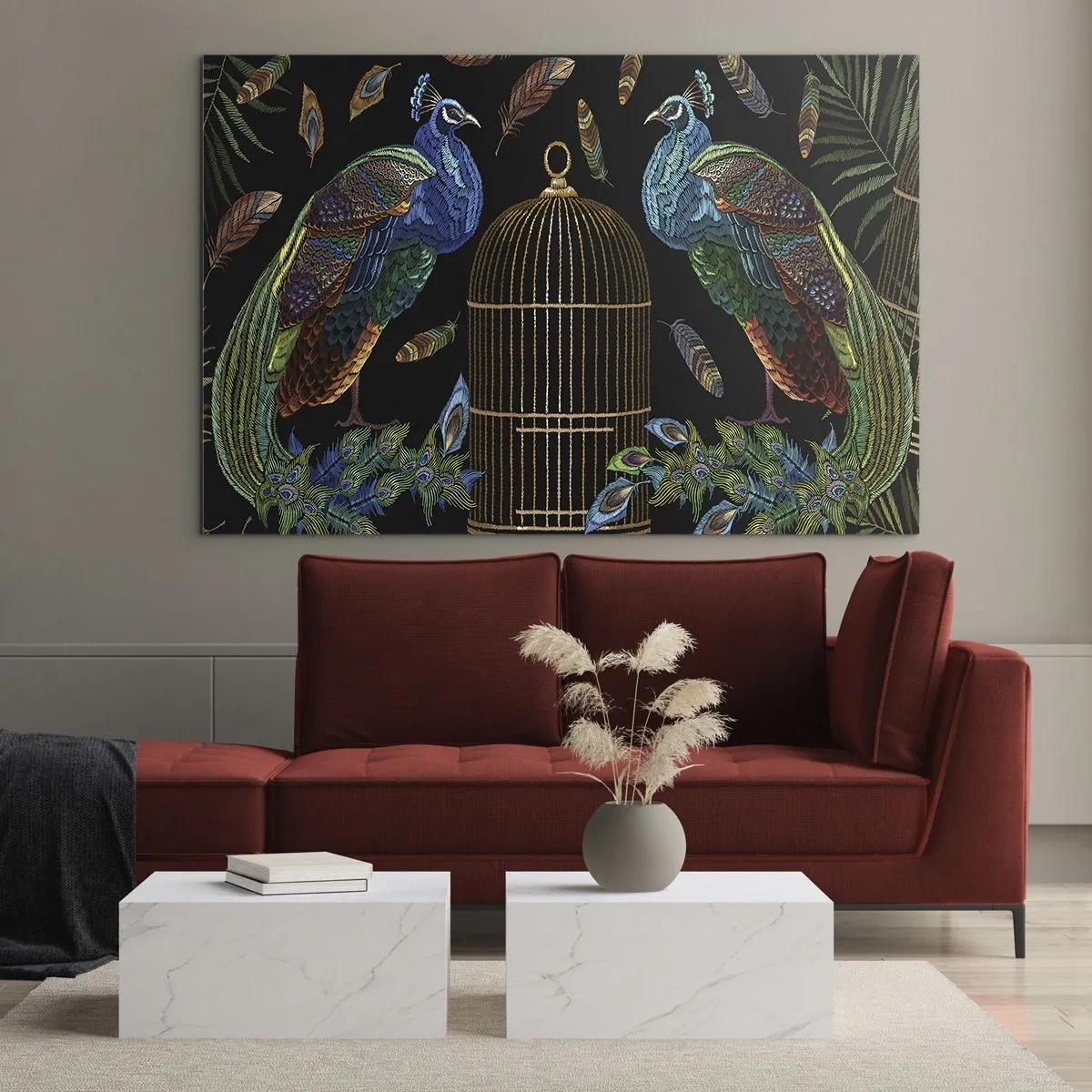 Glasbild - Bild auf glas - Bunte Pfauen und ein Käfig auf schwarzem Hintergrund - 100x70cm - In königlichen Gewändern - Moderne Wanddekoration für Wohnzimmer und Schlafzimmer ARTTOR