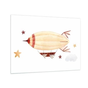 Glasbild - Bild auf glas - Ein Cartoon-Luftschiff zwischen den Sternen auf weißem Hintergrund - 70x50cm - Luftschiff - Moderne Wanddekoration für Wohnzimmer und Schlafzimmer ARTTOR
