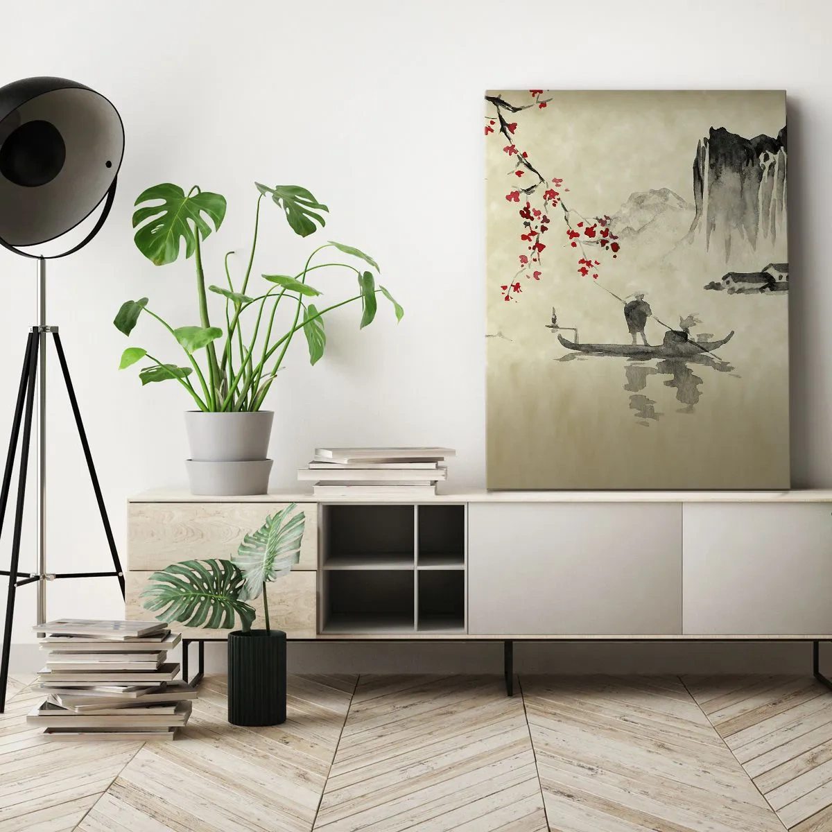 Bild auf Leinwand - Leinwandbild - Orientalische Illustration mit einem Boot und einem blühenden Zweig - 80x120cm - Im Land der blühenden Kirschbäume - Moderne Wanddekoration für Wohnzimmer und Schlafzimmer ARTTOR