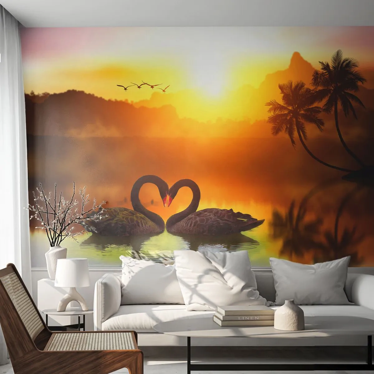 Fototapete Premium Sand - Schwarze Schwäne auf dem See bei Sonnenuntergang - 100x70cm - Alles passt zusammen - Moderne Wanddekoration für Wohnzimmer und Schlafzimmer ARTTOR