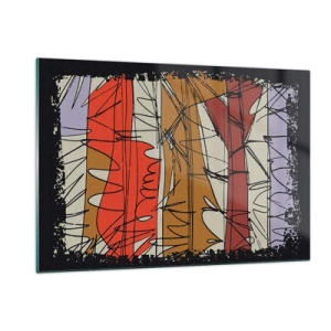 Glasbild - Bild auf glas - Grafische Abstraktion mit farbigen Streifen und schwarzen Linien - 120x80cm - Spontane Komposition - Moderne Wanddekoration für Wohnzimmer und Schlafzimmer ARTTOR