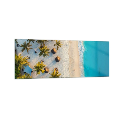 Glasbild - Bild auf glas - Blick auf einen tropischen Strand mit Palmen und türkisfarbenem Meer - 140x50cm - Willkommen im Paradies - Moderne Wanddekoration für Wohnzimmer und Schlafzimmer ARTTOR