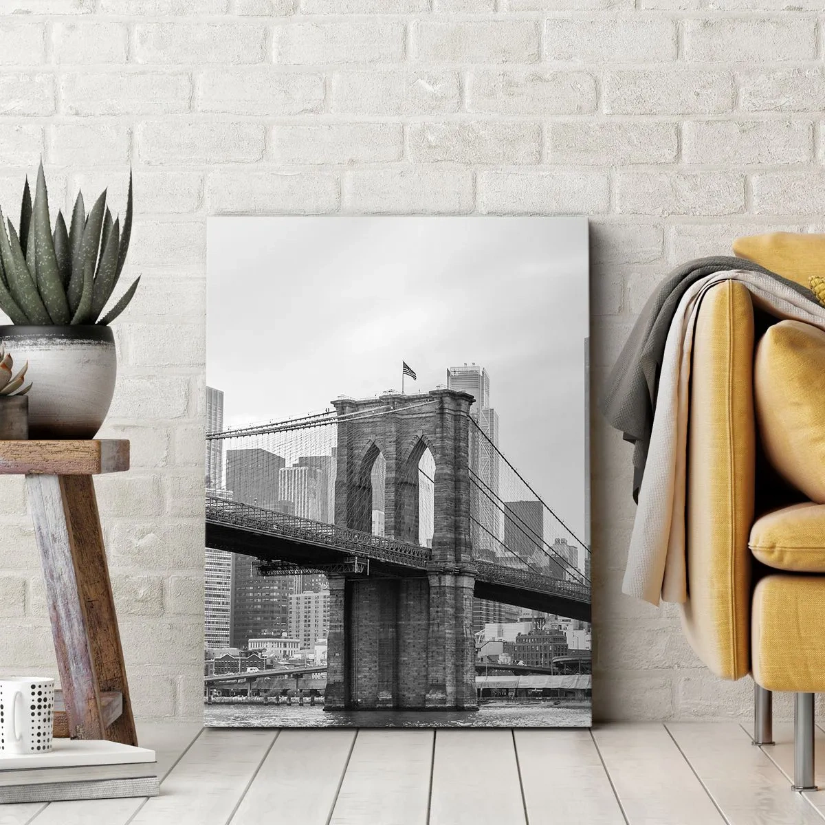 Bild auf Leinwand - Leinwandbild - Brooklyn Bridge mit New Yorker Wolkenkratzern im Hintergrund - 70x100cm - New Yorker Atmosphäre - Moderne Wanddekoration für Wohnzimmer und Schlafzimmer ARTTOR