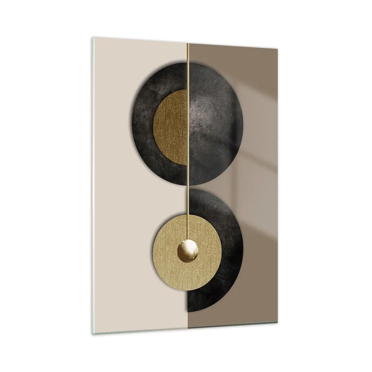 Glasbild - Bild auf glas - Geometrische Kreise in Gold und Schwarz auf beigem Hintergrund - 50x70cm - Variationen rund um den Kreis - Moderne Wanddekoration für Wohnzimmer und Schlafzimmer ARTTOR