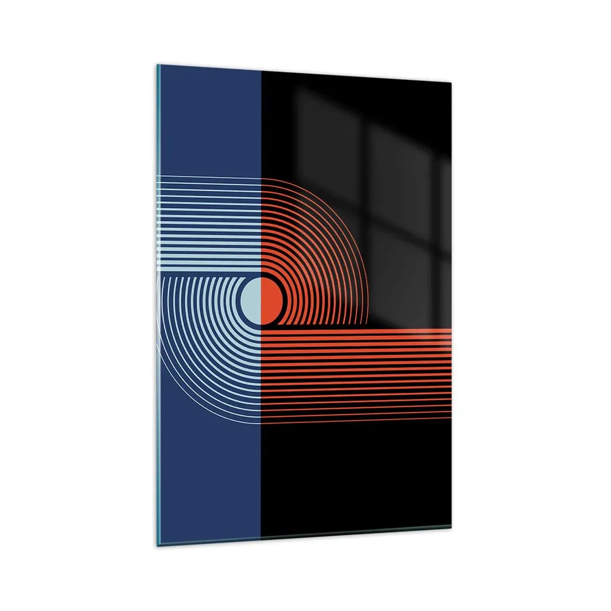 Glasbild - Bild auf glas - Geometrische Abstraktion mit Linien in Marineblau und Orange. - 80x120cm - In einer geometrischen Umarmung - Moderne Wanddekoration für Wohnzimmer und Schlafzimmer ARTTOR