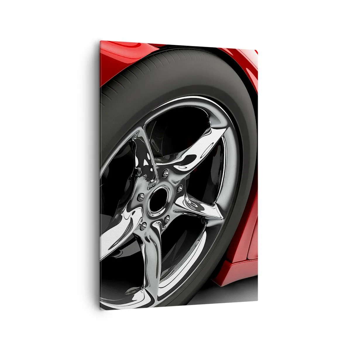 Bild auf Leinwand - Leinwandbild - Roter Sportwagen mit Chromfelge - 80x120cm - Für Schnelligkeit gebaut - Moderne Wanddekoration für Wohnzimmer und Schlafzimmer ARTTOR