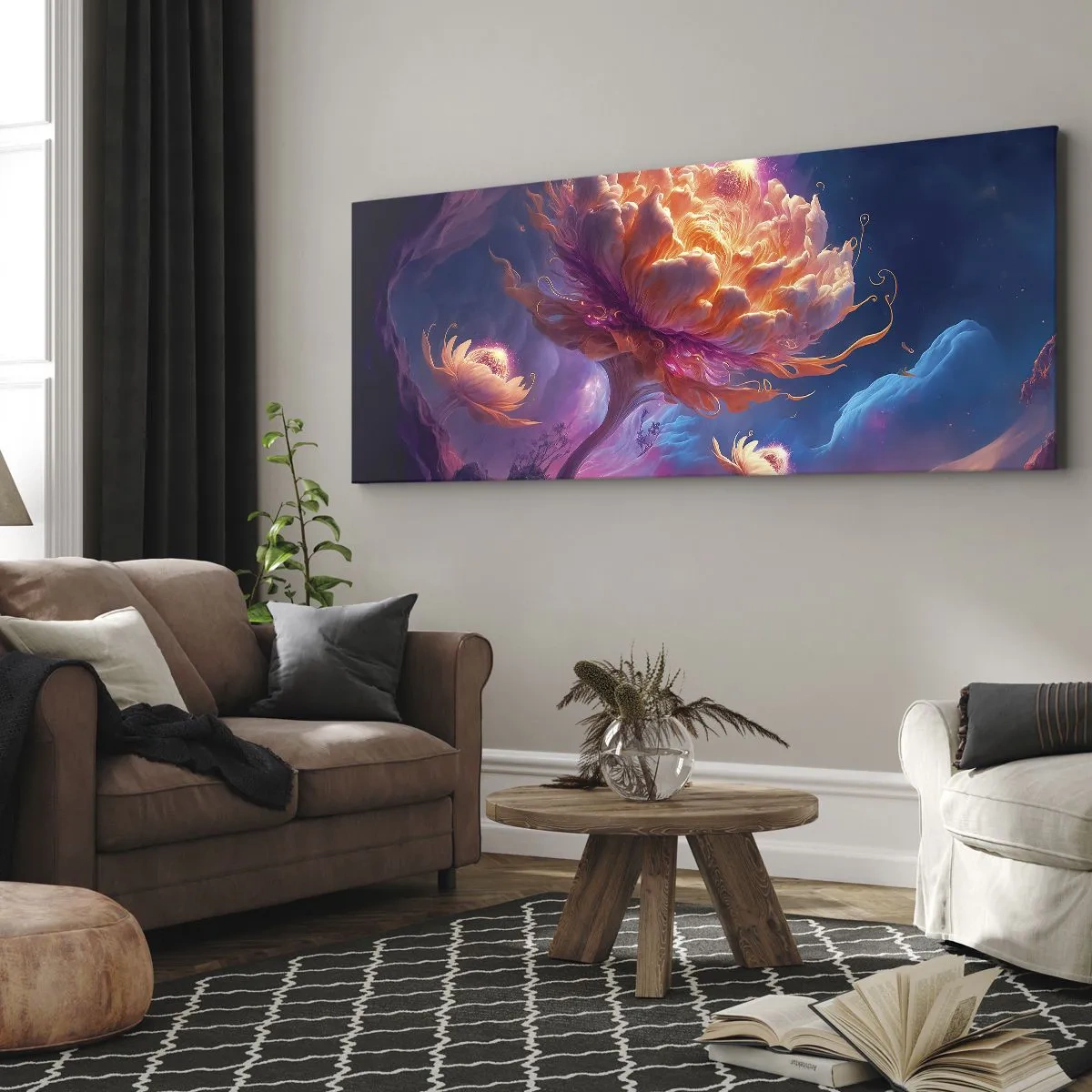 Bild auf Leinwand - Leinwandbild - Fantasieblumen in einer kosmischen Landschaft - 120x50cm - Andere Welt - Moderne Wanddekoration für Wohnzimmer und Schlafzimmer ARTTOR