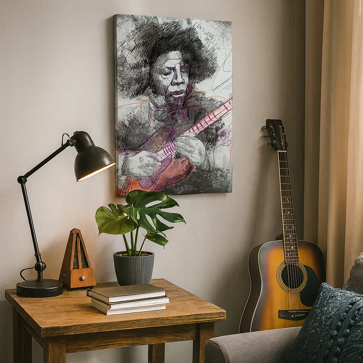 Bild auf Leinwand - Leinwandbild - Künstlerisches Portrait eines Gitarristen in der Skizzentechnik - 50x70cm - Auf den Wellen der Musik - Moderne Wanddekoration für Wohnzimmer und Schlafzimmer ARTTOR