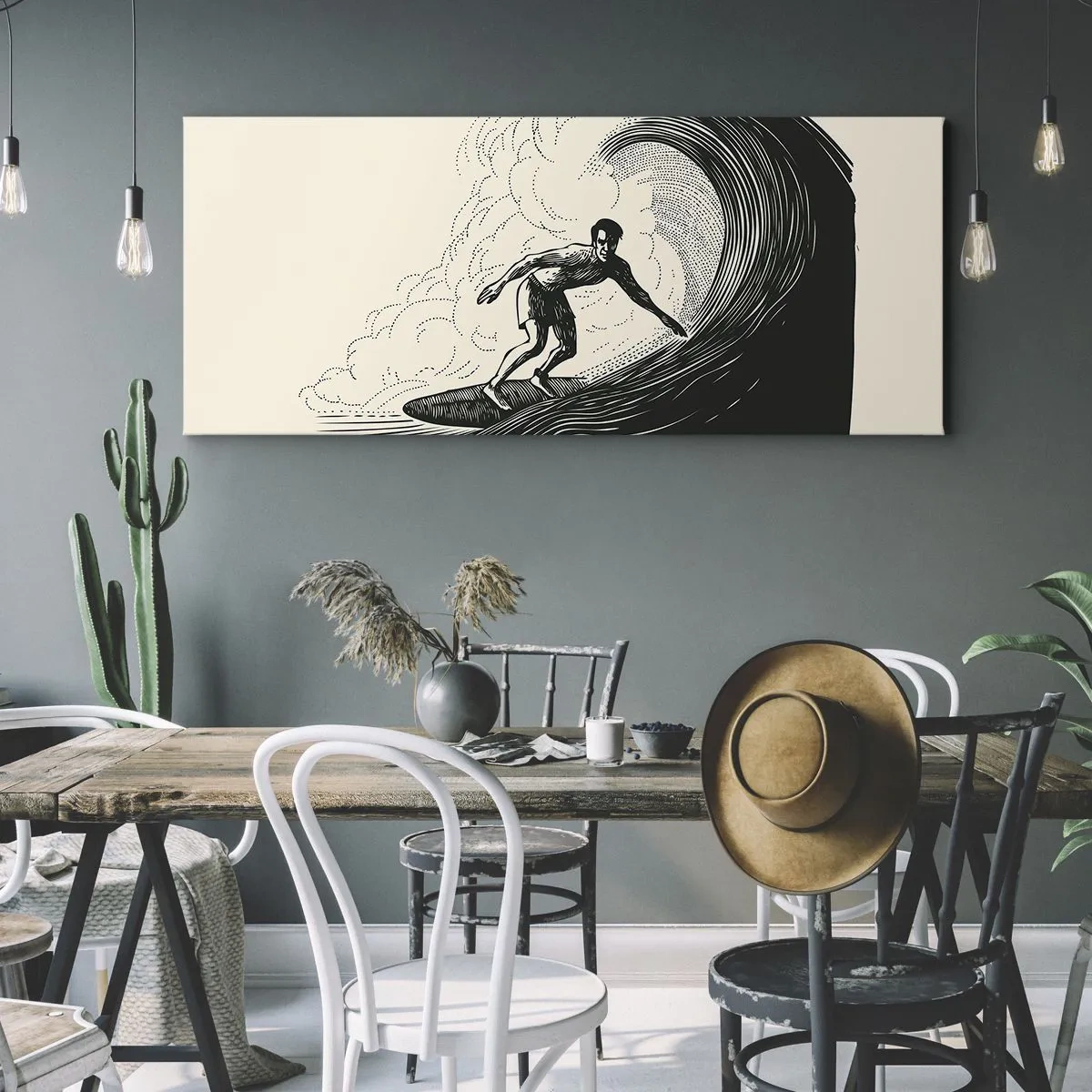 Bild auf Leinwand - Leinwandbild - Schwarz-Weiß-Grafik eines Surfers, der auf einer Welle reitet - 120x50cm - König der Welle - Moderne Wanddekoration für Wohnzimmer und Schlafzimmer ARTTOR