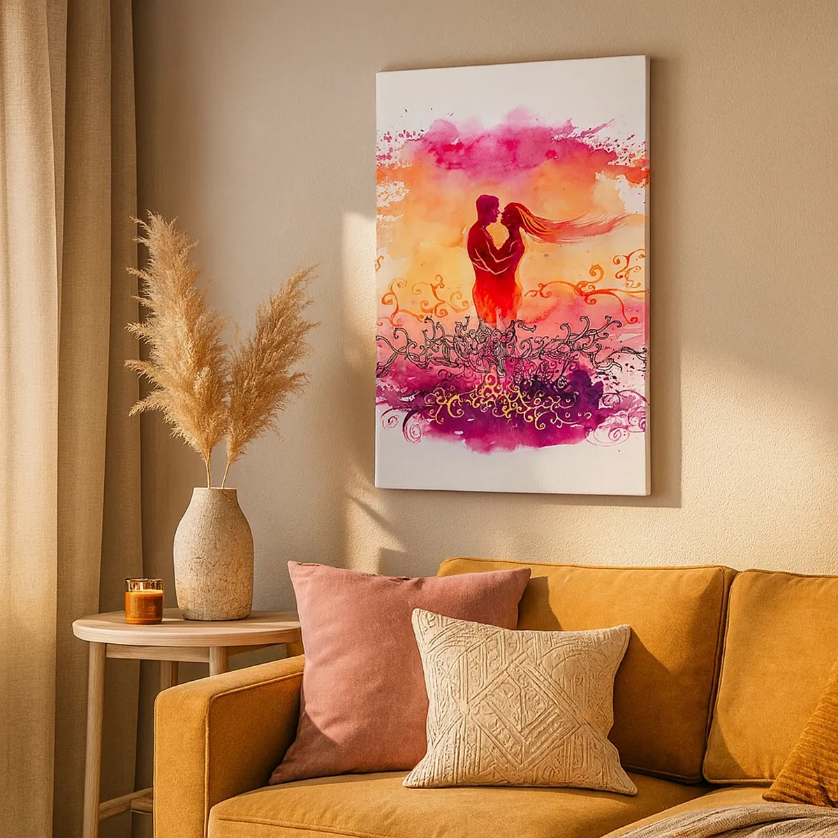 Bild auf Leinwand - Leinwandbild - Ein Paar umarmt sich vor einem abstrakten rosa und orangefarbenen Muster - 50x70cm - Ein Herz! ich brauche so wenig... - Moderne Wanddekoration für Wohnzimmer und Schlafzimmer ARTTOR