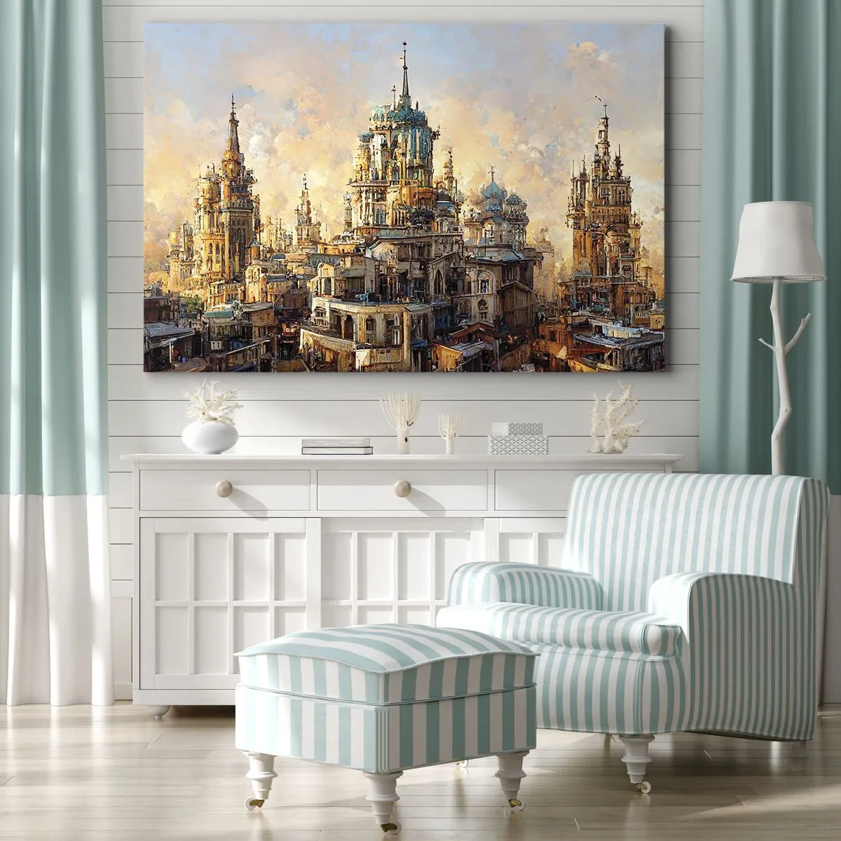 Bild auf Leinwand - Leinwandbild - Architektonische Türme in den Strahlen der untergehenden Sonne - 70x50cm - Stadt der Städte - Moderne Wanddekoration für Wohnzimmer und Schlafzimmer ARTTOR