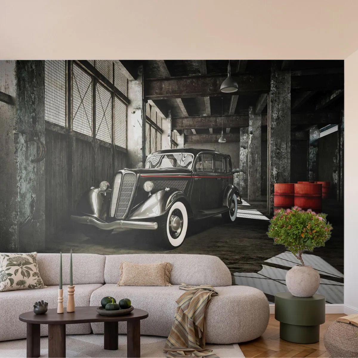 Fototapete Premium Sand - Ein Oldtimer in einer verlassenen Industriegarage - 100x70cm - Die ewige Eleganz der 1930er Jahre - Moderne Wanddekoration für Wohnzimmer und Schlafzimmer ARTTOR