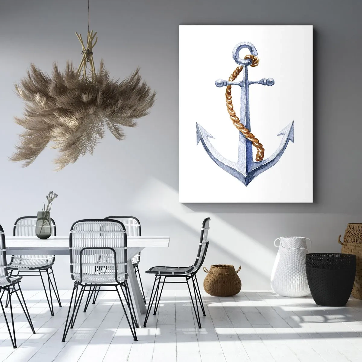 Bild auf Leinwand - Leinwandbild - Anker mit Seil im Aquarellstil - 50x70cm - Ahoi Abenteuer! - Moderne Wanddekoration für Wohnzimmer und Schlafzimmer ARTTOR