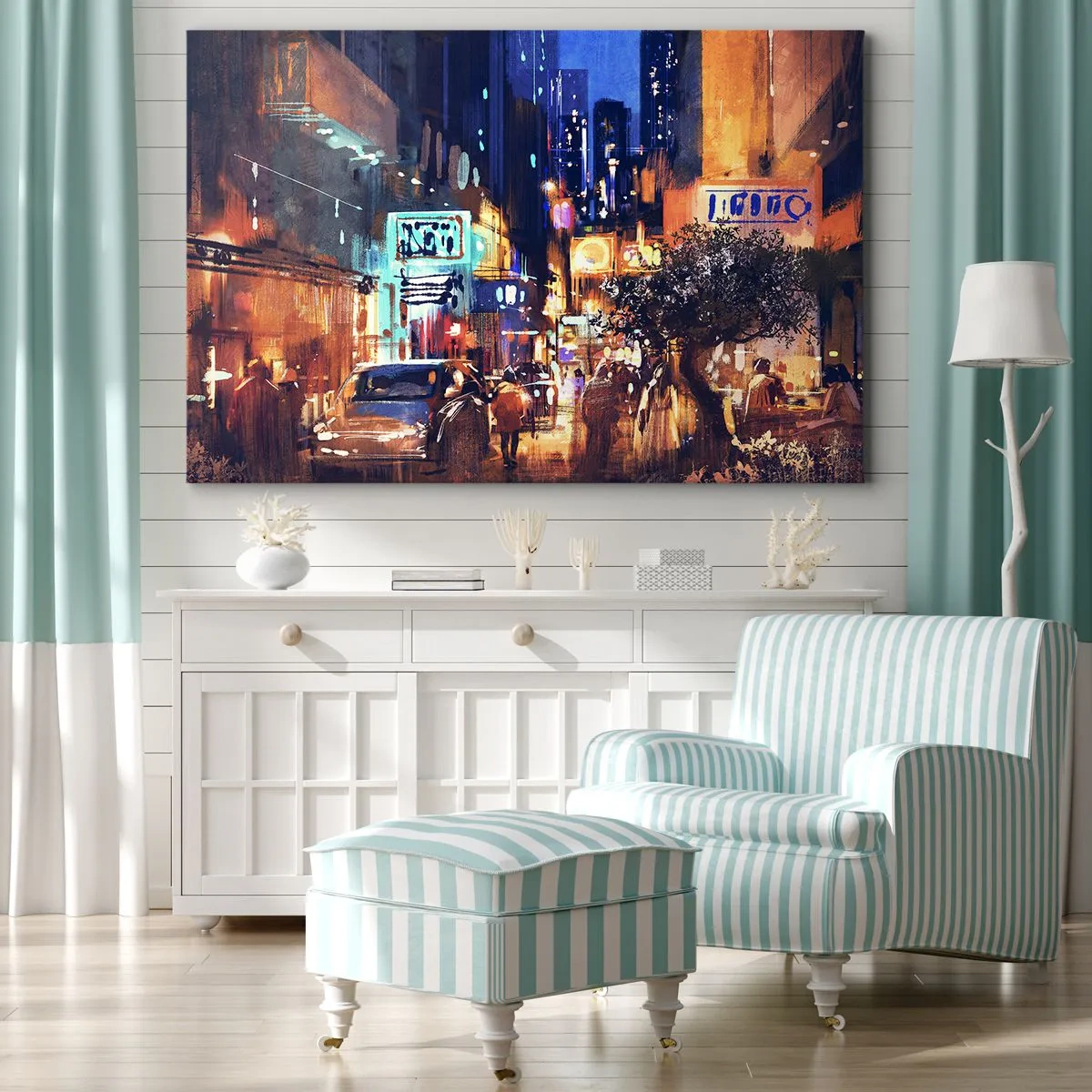 Bild auf Leinwand - Leinwandbild - Abendliche Stadtansicht im impressionistischen Stil - 70x50cm - Und die Stadt ist wach - Moderne Wanddekoration für Wohnzimmer und Schlafzimmer ARTTOR