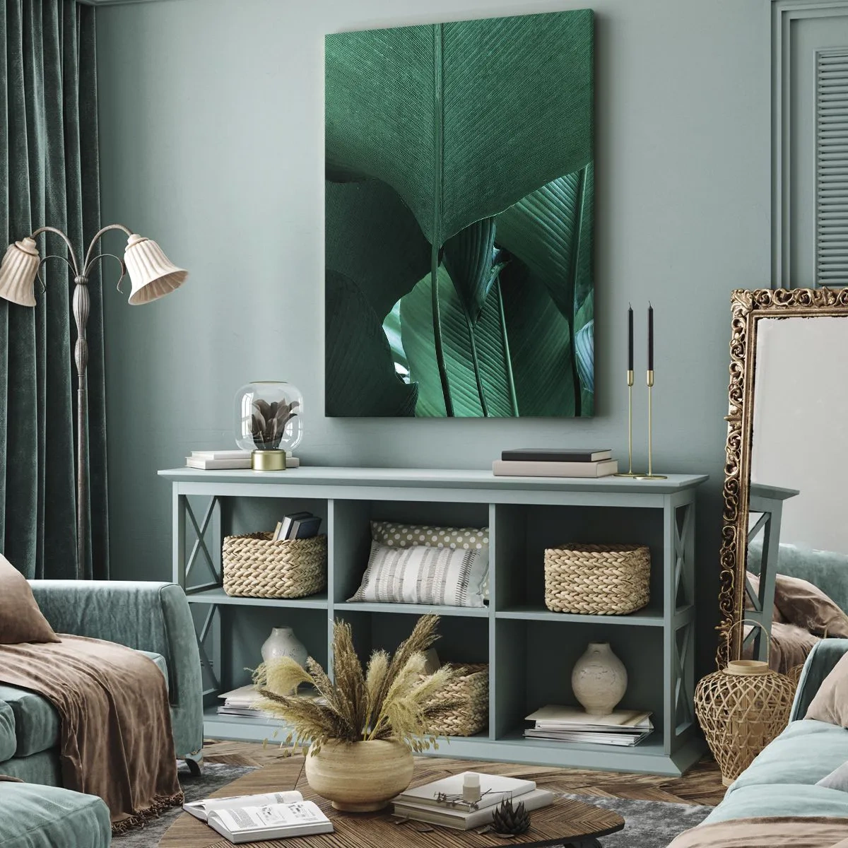 Bild auf Leinwand - Leinwandbild - Grüne Blätter in minimalistischer Komposition - 50x70cm - Dem Licht zugewandt - Moderne Wanddekoration für Wohnzimmer und Schlafzimmer ARTTOR