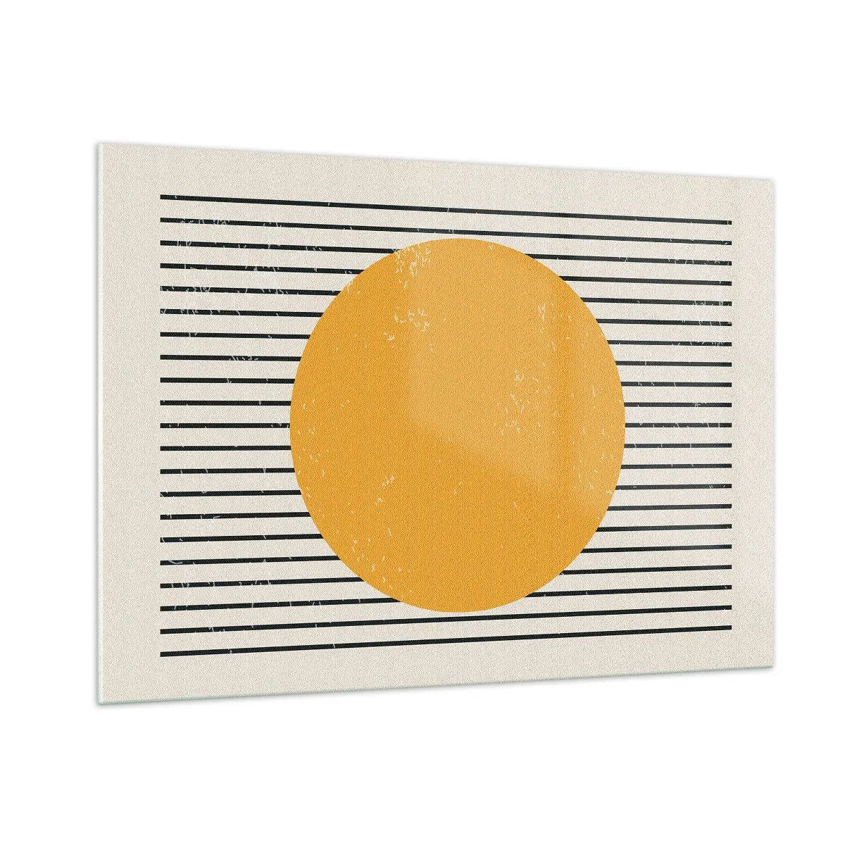 Glasbild - Bild auf glas - Ein orangefarbener Kreis vor einem Hintergrund aus horizontalen schwarzen Linien auf beigem Untergrund. - 100x70cm - Die Kraft der Einfachheit - Moderne Wanddekoration für Wohnzimmer und Schlafzimmer ARTTOR