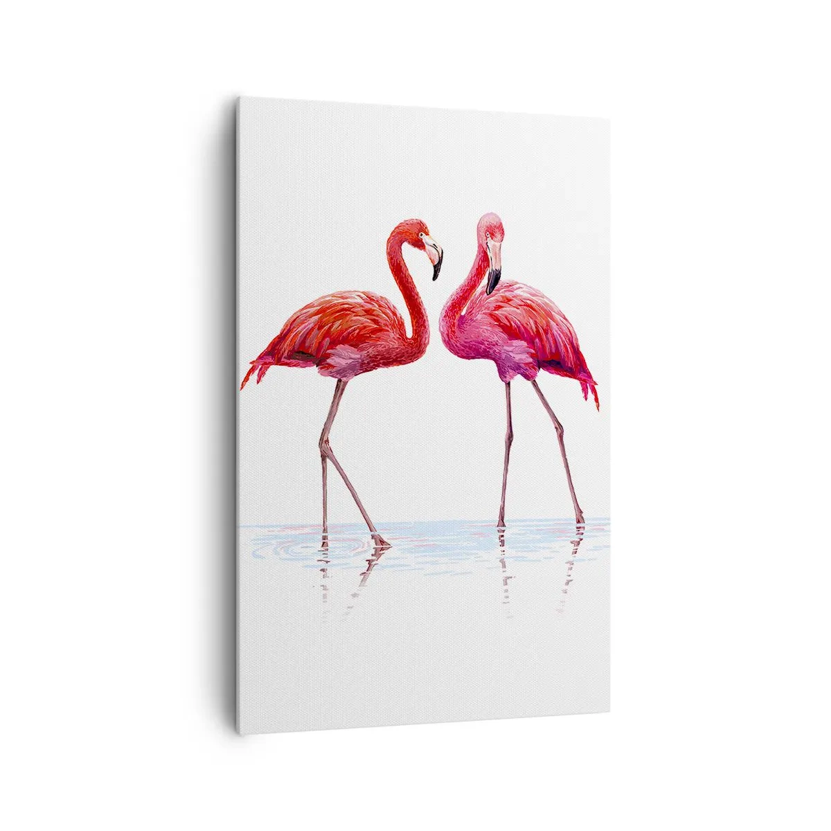 Bild auf Leinwand - Leinwandbild - Ein Flamingopaar im Wasser vor hellem Hintergrund - 80x120cm - Rosa randez-vous - Moderne Wanddekoration für Wohnzimmer und Schlafzimmer ARTTOR