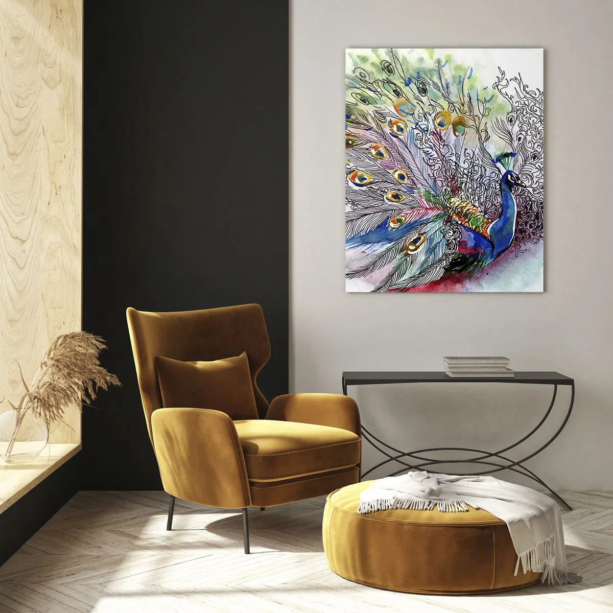 Glasbild - Bild auf glas - Ein Pfau im farbenfrohen Aquarellstil mit abstrakten Federn - 70x100cm - Mit Stolz gegen Grau - Moderne Wanddekoration für Wohnzimmer und Schlafzimmer ARTTOR