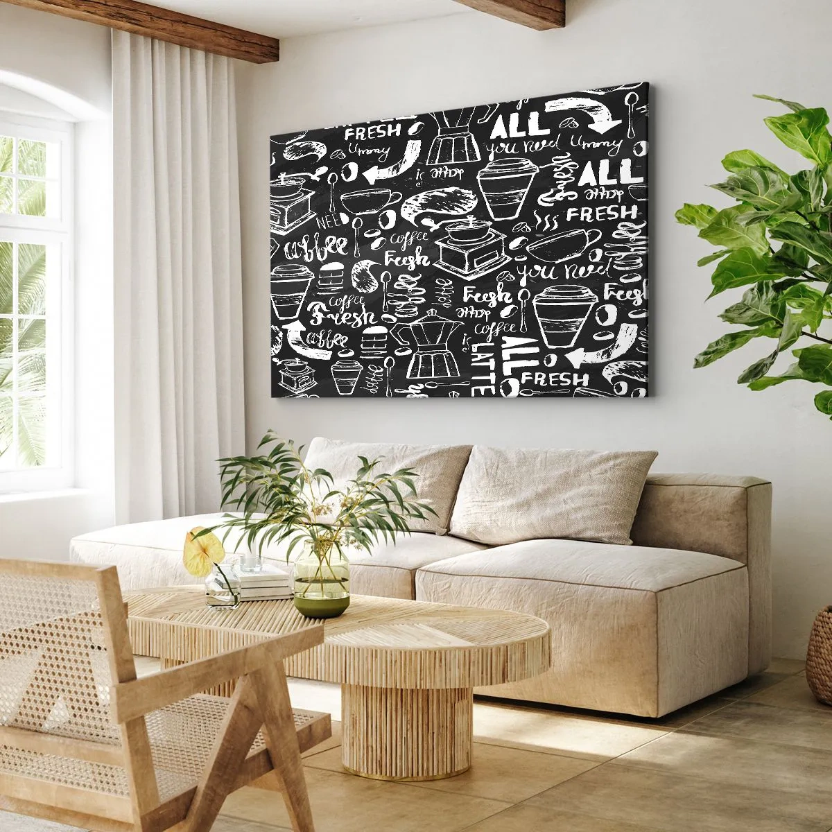 Bild auf Leinwand - Leinwandbild - Stilvolle Kaffeegrafik auf schwarzem Hintergrund - 70x50cm - Alles was Sie brauchen ist… - Moderne Wanddekoration für Wohnzimmer und Schlafzimmer ARTTOR