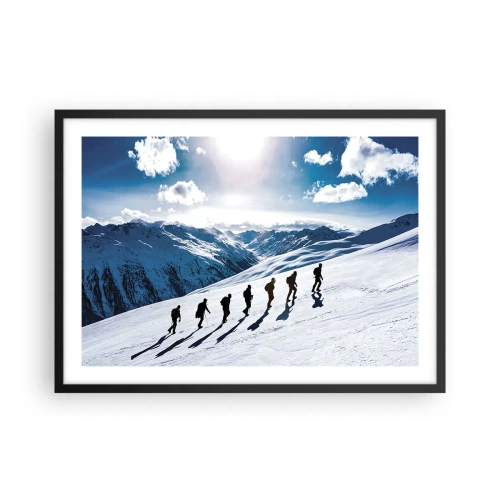 Poster in einem schwarzem Rahmen - Eine Gruppe von Bergsteigern wandert einen schneebedeckten Hang hinauf - 70x50cm - Das Team der Eroberer - Moderne Wanddekoration für Wohnzimmer und Schlafzimmer ARTTOR