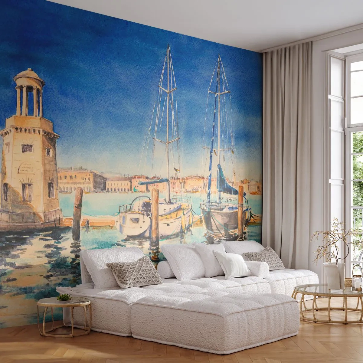Fototapete Standard Eco - Sonnige Lagune - Hafen, Landschaft, Leuchtturm - 350x256 cm
