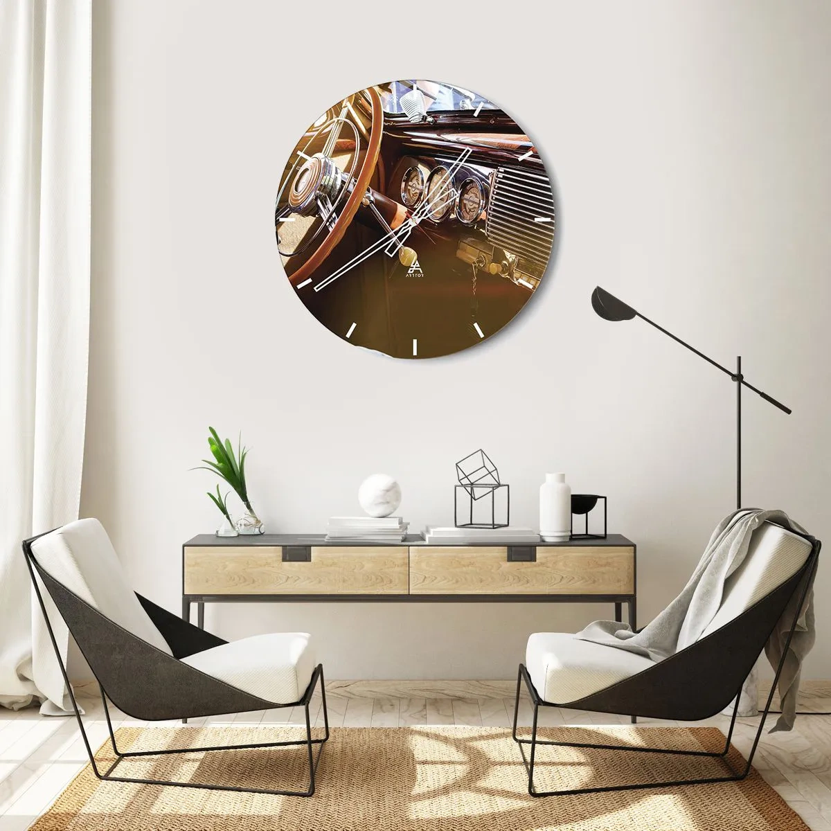 Wanduhr - Glasuhr - Oldtimer-Innenraum mit Holzverkleidung - 30x30cm - Ein Hauch von Luxus aus der Vergangenheit - Moderne Wanddekoration für Wohnzimmer, Küche und Schlafzimmer ARTTOR