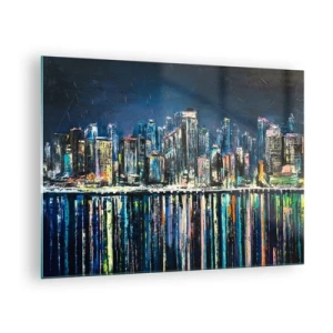 Glasbild - Bild auf glas - Panorama der Stadt bei Nacht mit den im Wasser reflektierten Lichtern - 70x50cm - Kaskade von Lichtern - Moderne Wanddekoration für Wohnzimmer und Schlafzimmer ARTTOR
