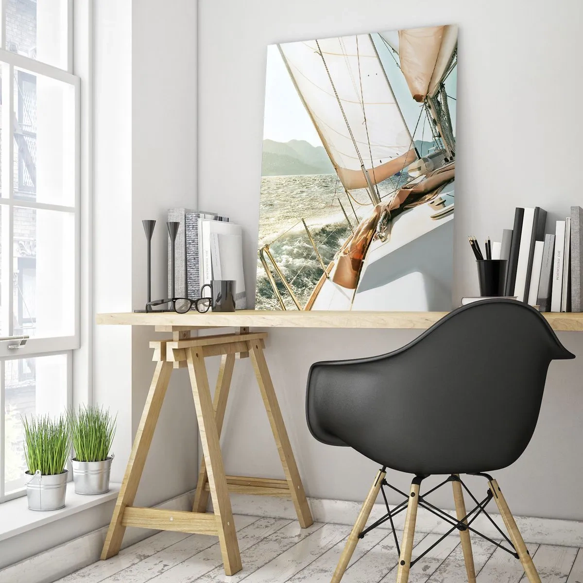 Glasbild - Bild auf glas - Eine Yacht auf offener See mit Blick auf die Berge - 80x120cm - Unter vollen Segeln - Moderne Wanddekoration für Wohnzimmer und Schlafzimmer ARTTOR