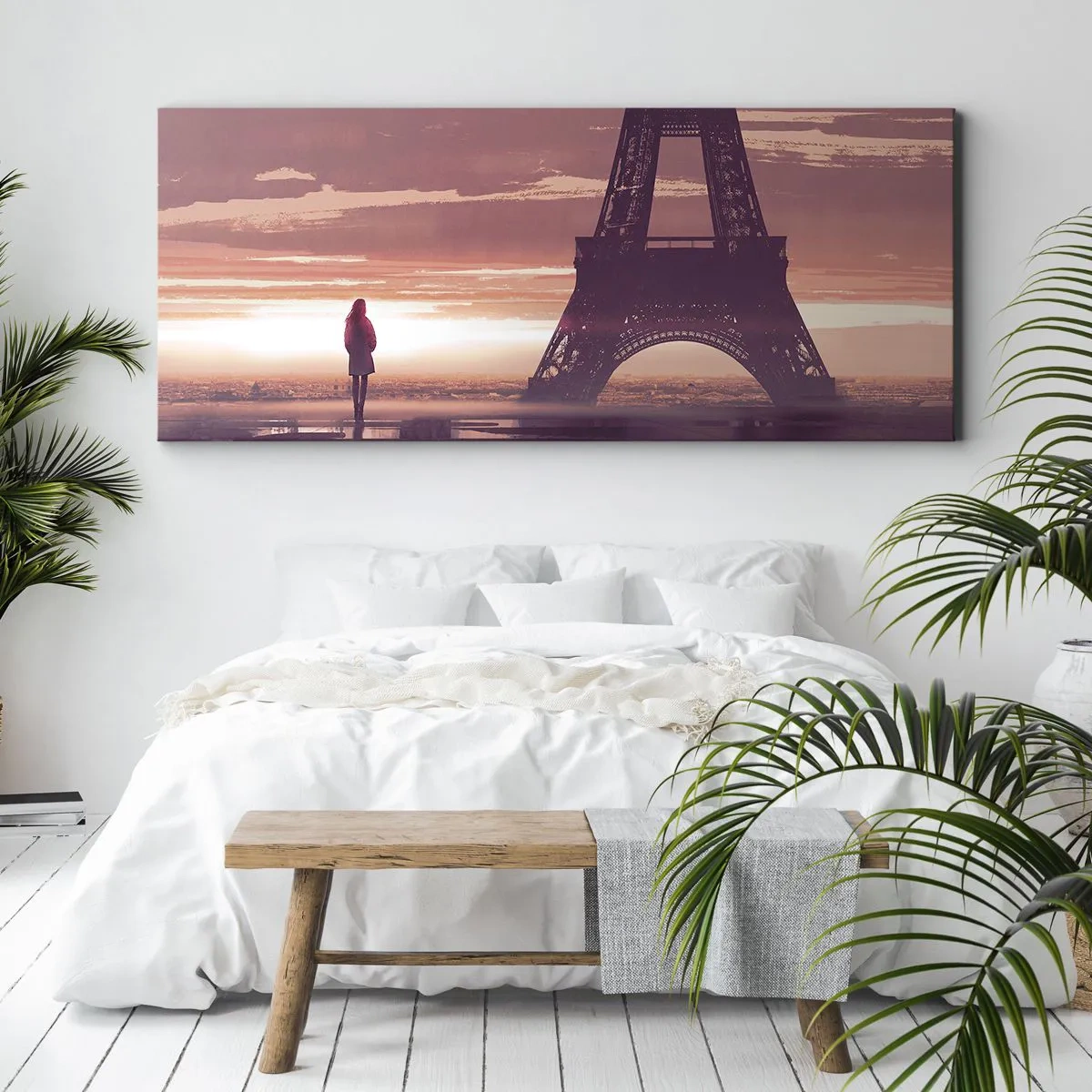Bild auf Leinwand - Leinwandbild - Eine Figur, die im Licht der untergehenden Sonne auf den Eiffelturm blickt - 140x50cm - Nur zwei davon - Moderne Wanddekoration für Wohnzimmer und Schlafzimmer ARTTOR