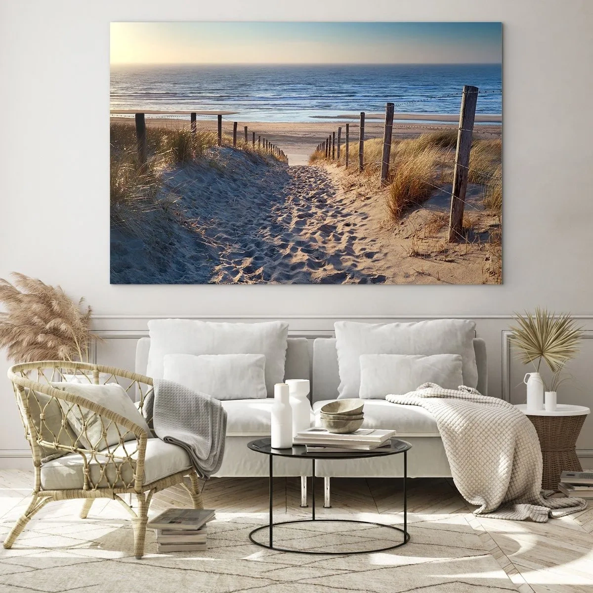 Glasbild - Bild auf glas - Ein Weg durch die Dünen, der zu einem Strand mit ruhigem Meer führt - 70x50cm - Das Rauschen des Meeres, der Gesang der Vögel, ein wilder Strand im Gras ... - Moderne Wanddekoration für Wohnzimmer und Schlafzimmer ARTTOR