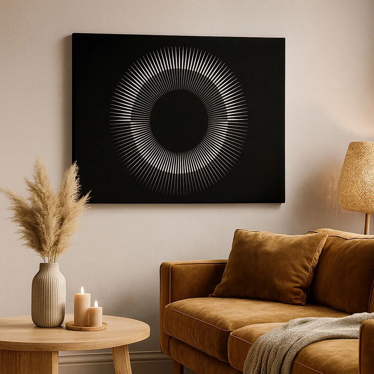 Bild auf Leinwand - Leinwandbild - Grafischer Kreis mit Strahlen in Schwarz und Weiß - 70x50cm - Schwarze Sonne - Moderne Wanddekoration für Wohnzimmer und Schlafzimmer ARTTOR