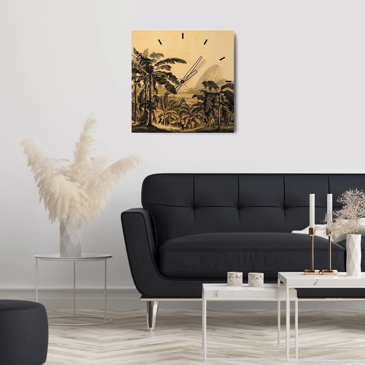 Wanduhr - Glasuhr - Zeichnung von Bananenbäumen vor dem Hintergrund einer tropischen Landschaft - 30x30cm - in einem kolonialen Klima - Moderne Wanddekoration für Wohnzimmer und Schlafzimmer ARTTOR