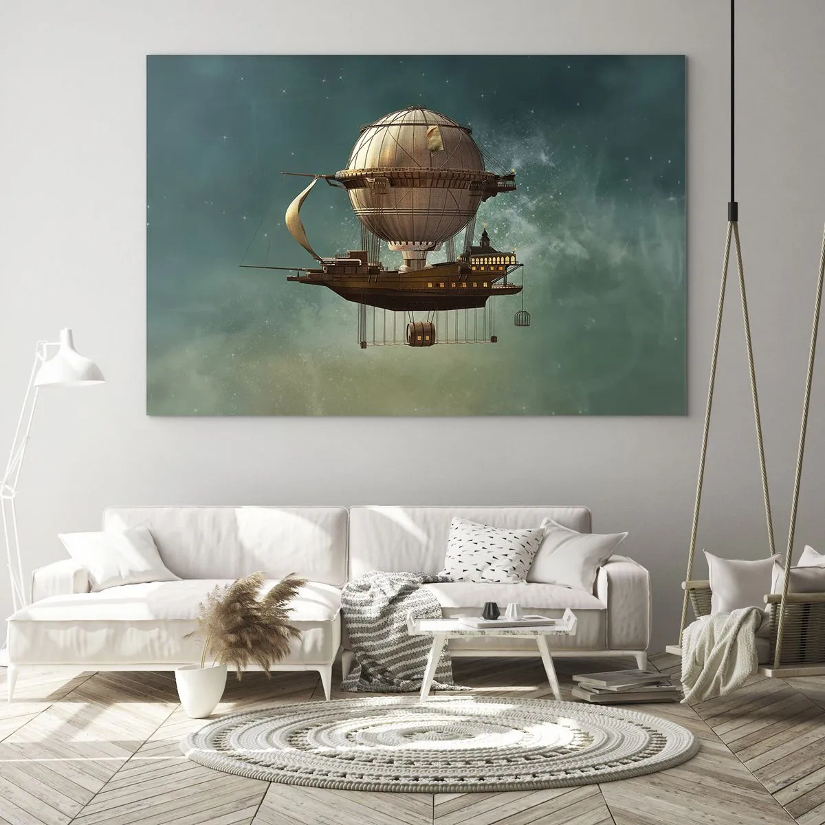 Glasbild - Bild auf glas - Ein fliegendes Luftschiff mit einem Haus im Retro-Stil am Himmel - 120x80cm - Jules Verne sagt Hallo - Moderne Wanddekoration für Wohnzimmer und Schlafzimmer ARTTOR