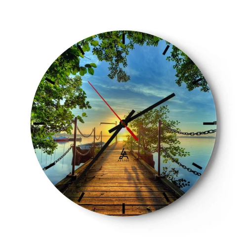 Wanduhr - Glasuhr - Ein Pier am Seeufer bei Sonnenuntergang, umgeben von Grün - 30x30cm - Westen auf dem Wasser - Moderne Wanddekoration für Wohnzimmer, Küche und Schlafzimmer ARTTOR