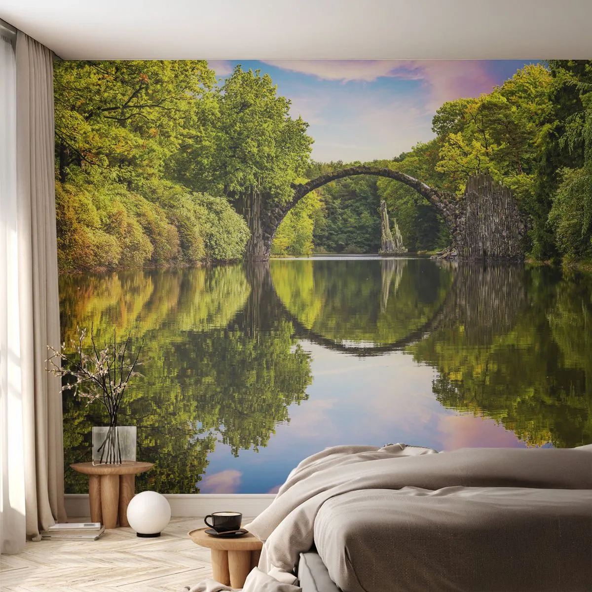 Fototapete Standard Eco - An der Kreuzung zweier Welten - Landschaft, Fluss, Brücke - 200x140 cm