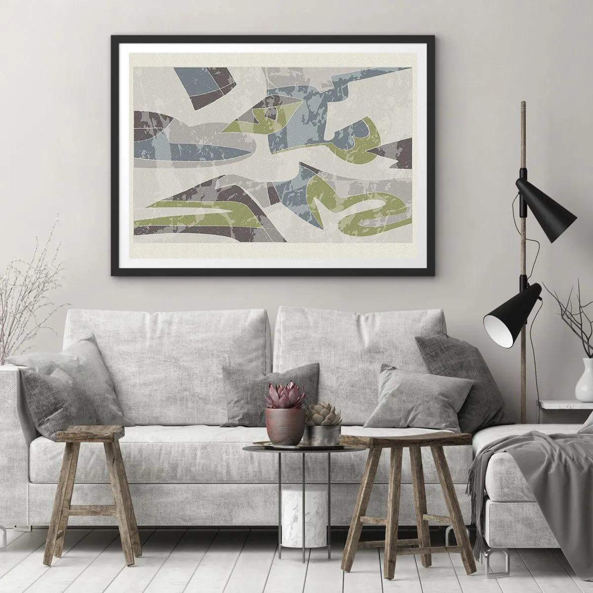 Poster in einem schwarzem Rahmen - Abstrakte Formen in Grün und Blau auf hellem Hintergrund - 70x50cm - Komposition hinter dem Glas - Moderne Wanddekoration für Wohnzimmer und Schlafzimmer ARTTOR