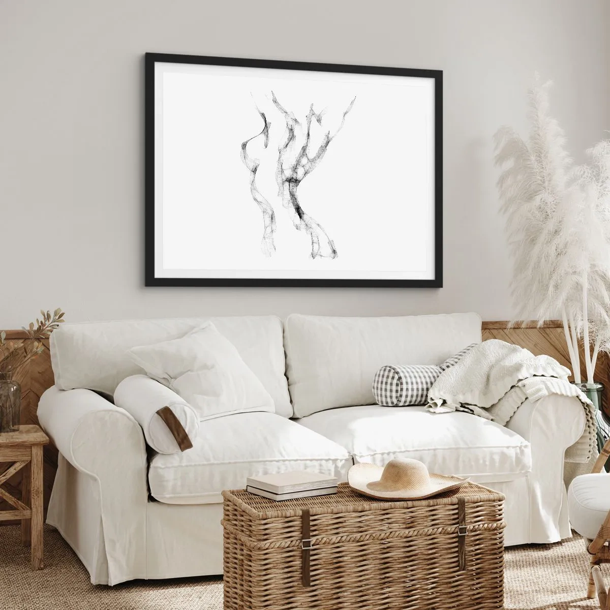 Poster in einem schwarzem Rahmen - Zarte, abstrakte Linien, die Rauchfahnen ähneln, auf hellem Hintergrund - 100x70cm - Schön und stark - Moderne Wanddekoration für Wohnzimmer und Schlafzimmer ARTTOR